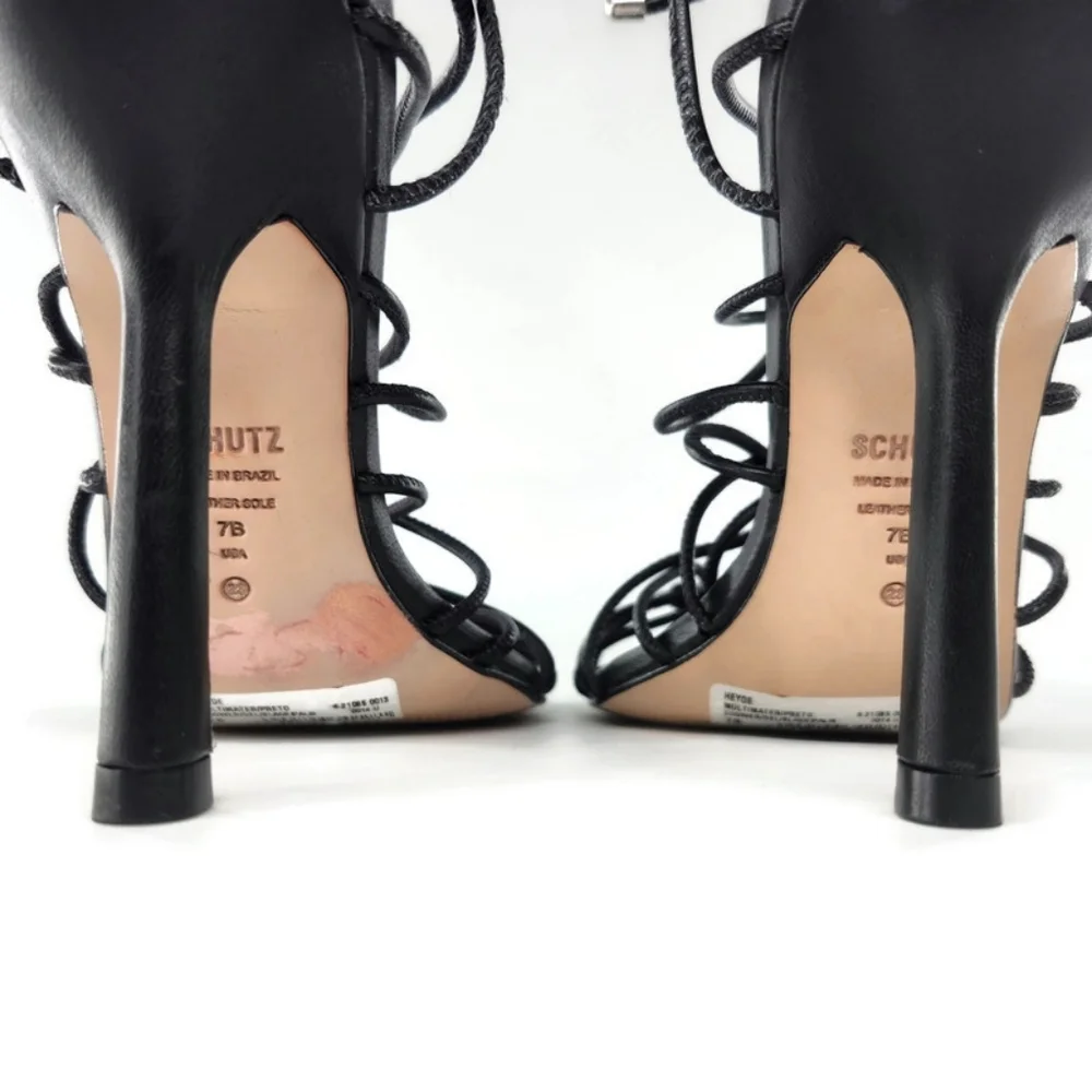 Schutz Heyde Black Leather Strappy Wrap Around & Tie Open-Toe High Heel Sandals - Picture 8 of 11